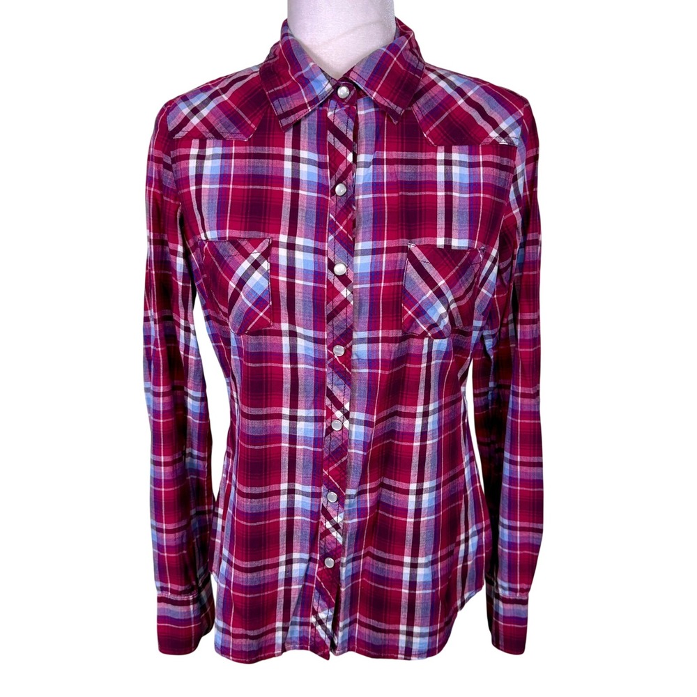 Arizona Jean Co Women Red Plaid Western Snap Button Down Shirt Large 100% Cotton